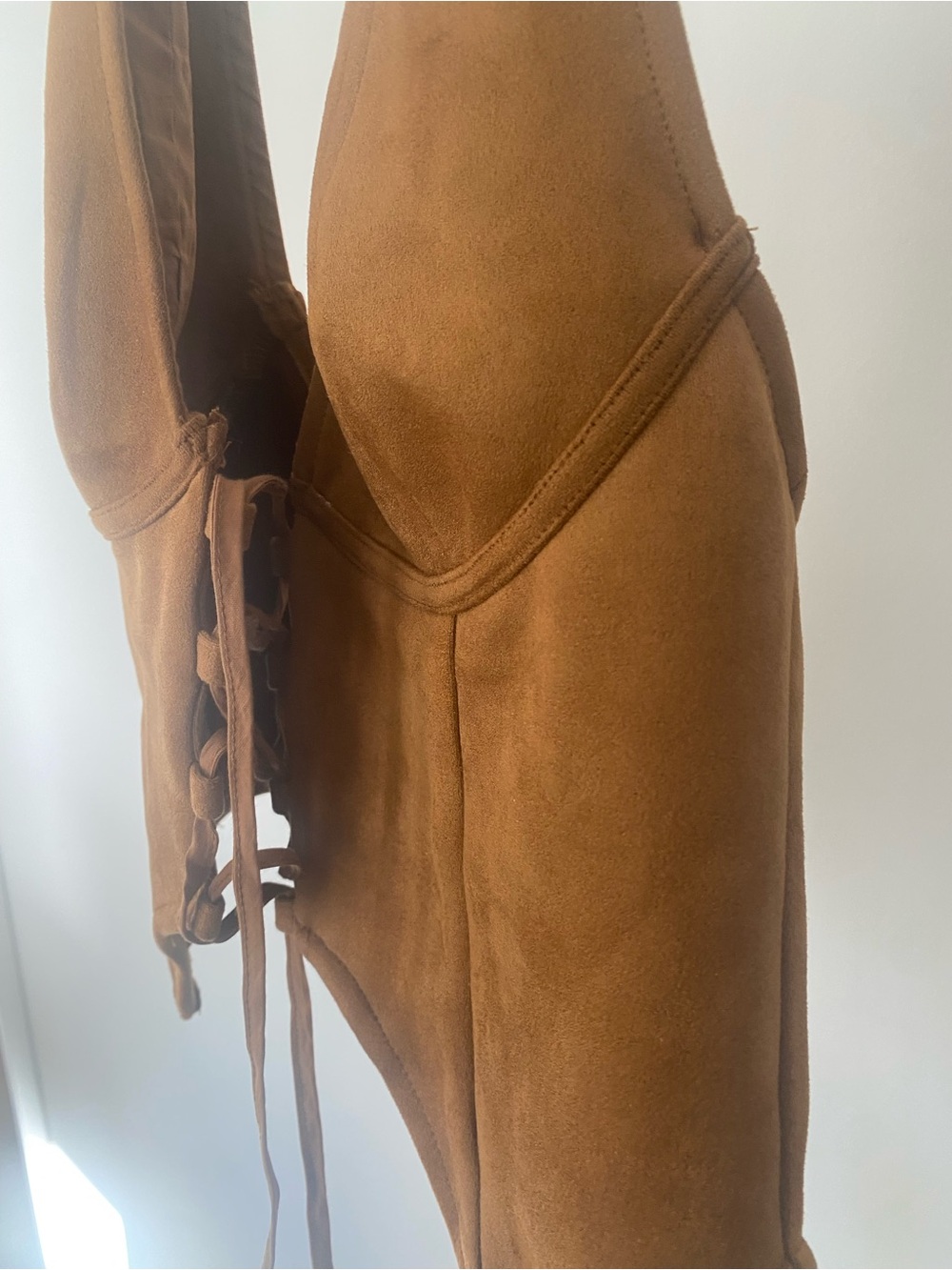 Suede Lace-Up Bodysuit in Cognac Nwt